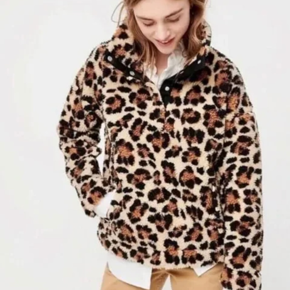 J.Crew Vintage Fleece Leopard Print Pullover Jacket Faux Fur Cozy Warm